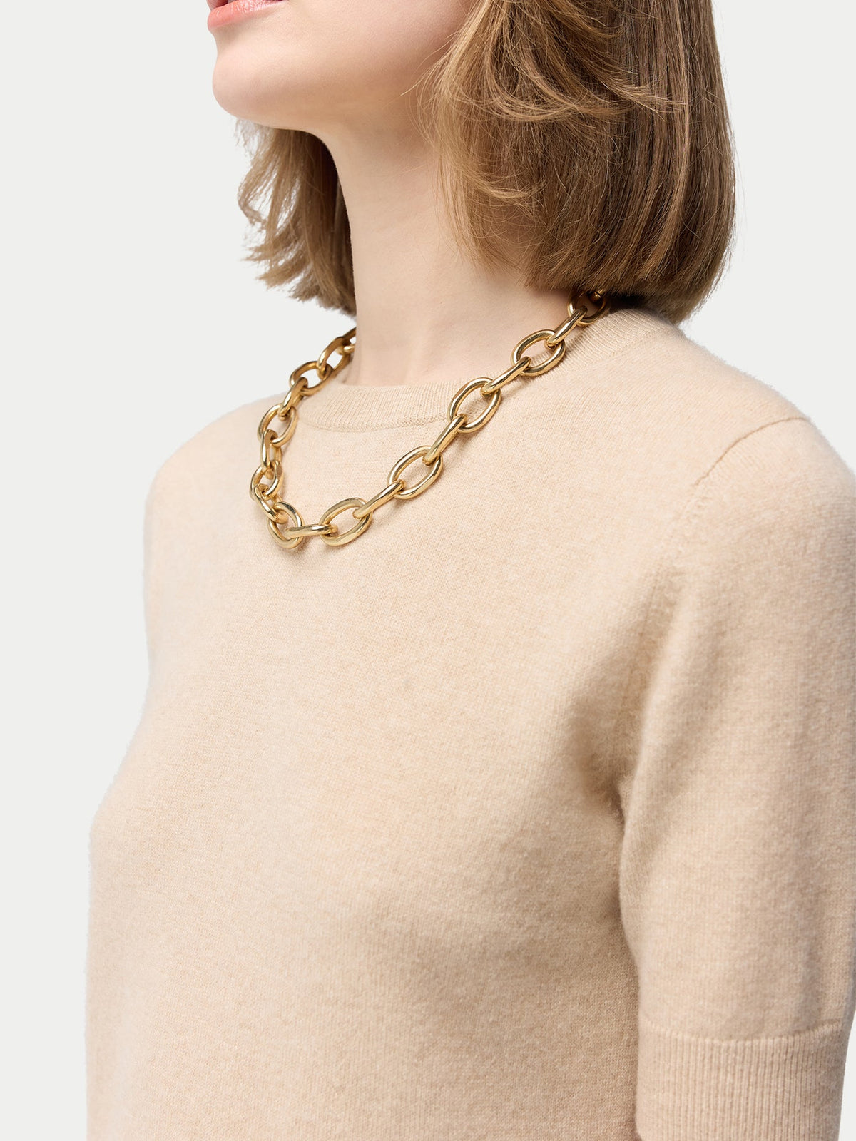 Natural Color Crew Neck Cashmere Top — Beige