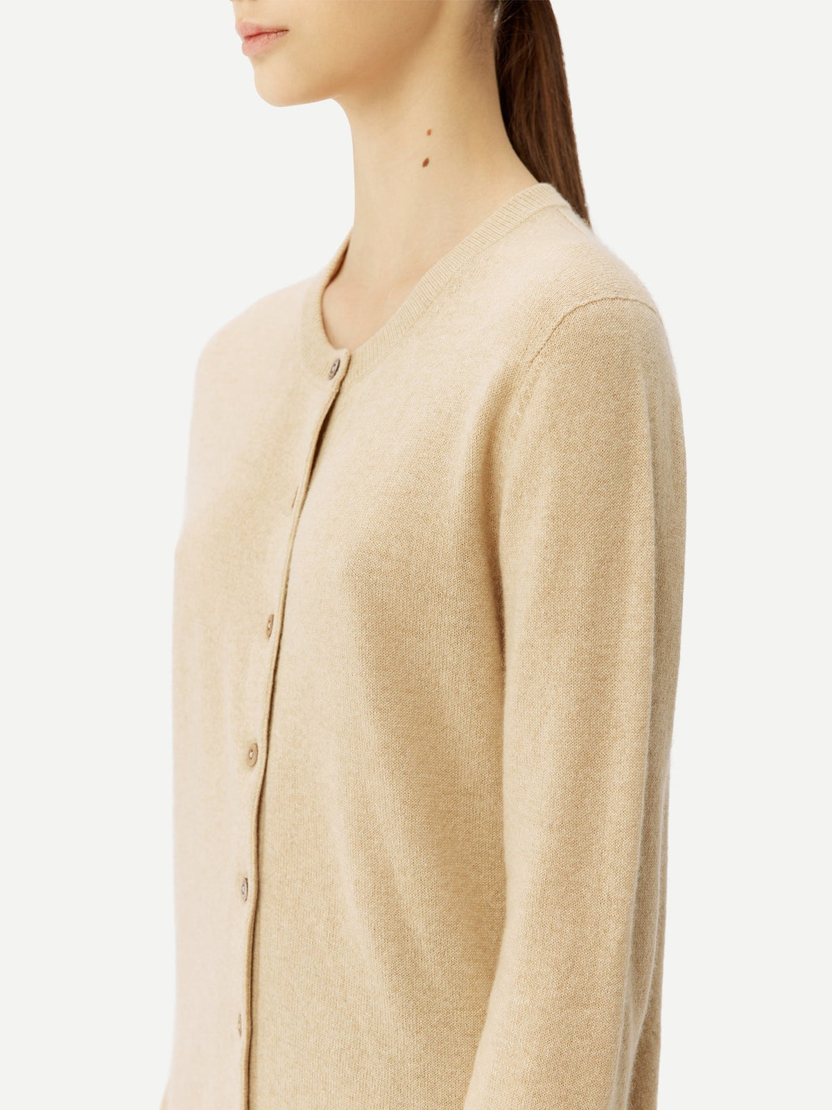 Cashmere Crew Neck Button Cardigan — Beige