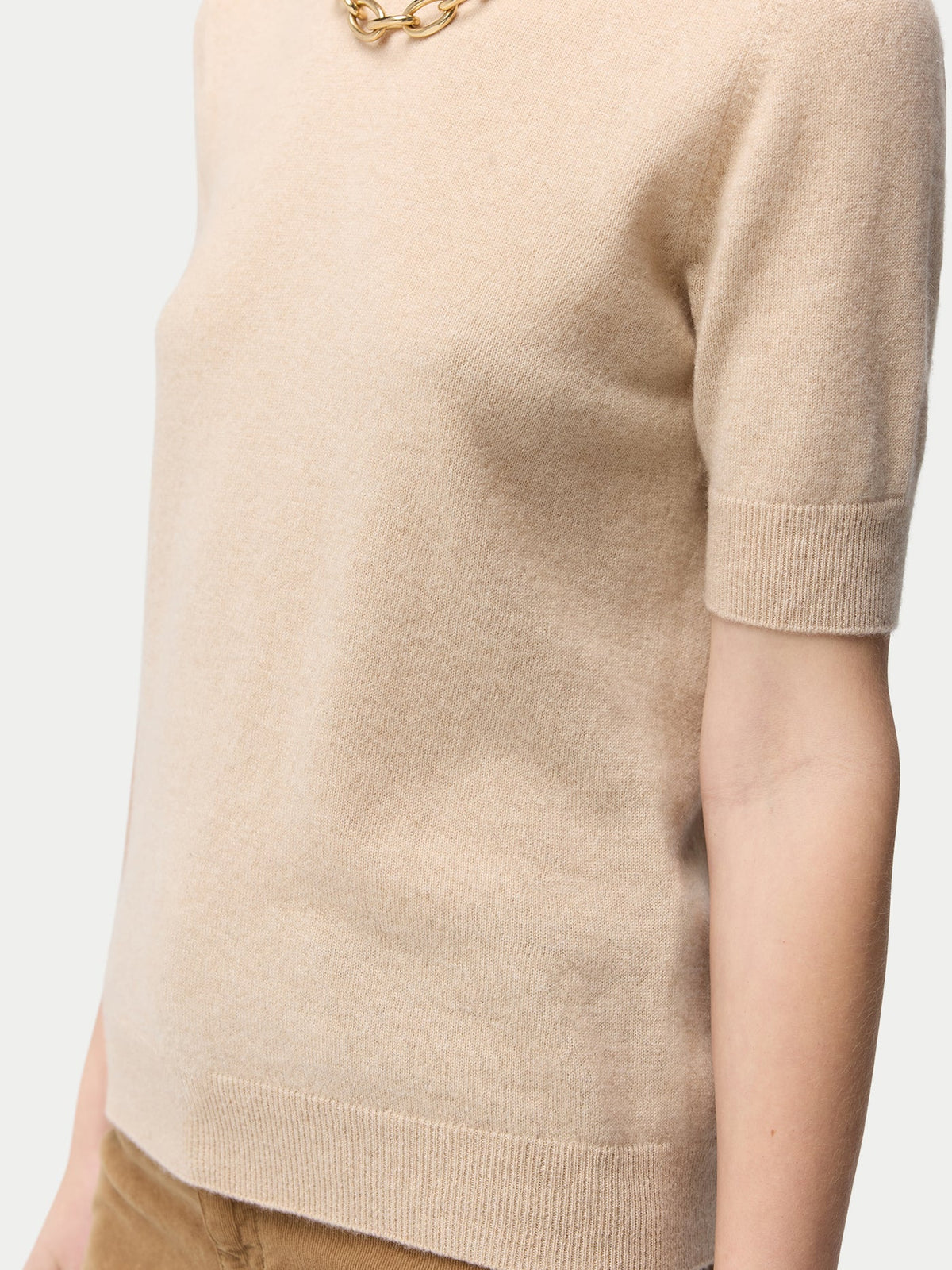 Natural Color Crew Neck Cashmere Top — Beige