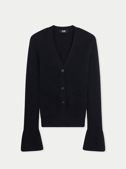 Buttoned Cashmere V-neck Cardigan — Black