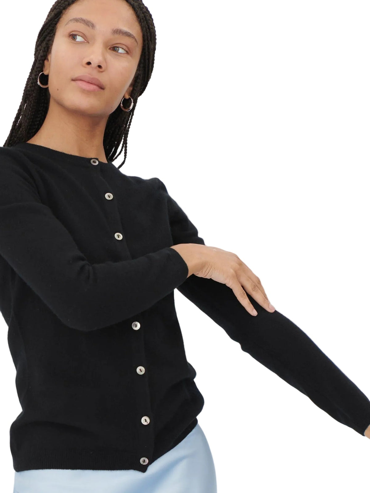 Cashmere Crew Neck Button Cardigan — Black