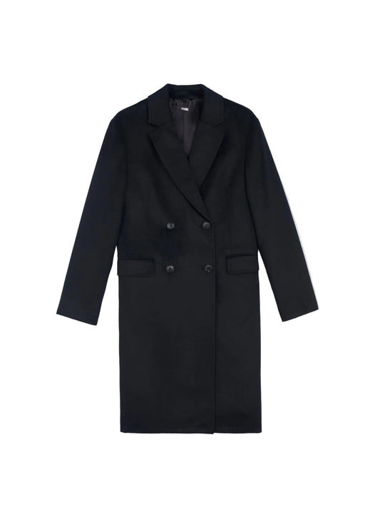 Notch Lapel Midi-length Cashmere Coat — Black