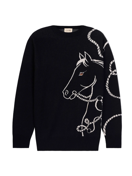 Cashmere Horse Jacquard Sweater — Black