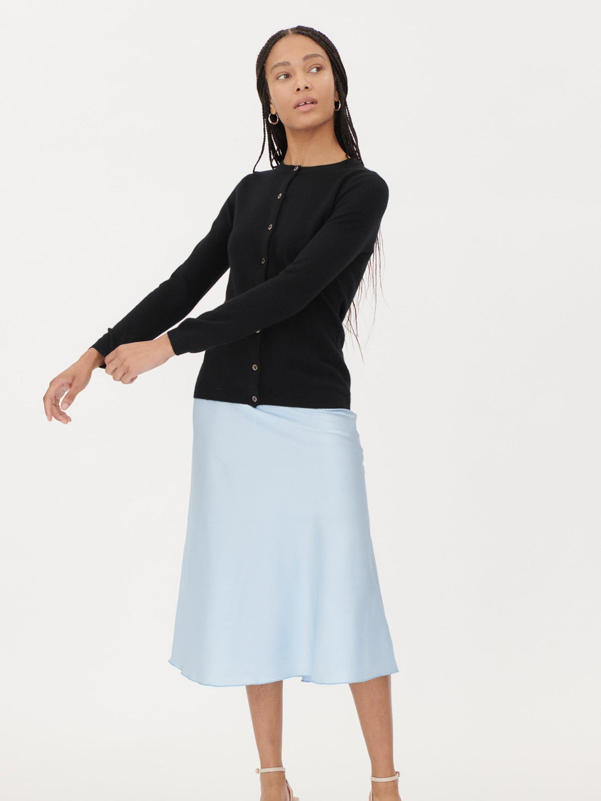 Cashmere Crew Neck Button Cardigan — Black
