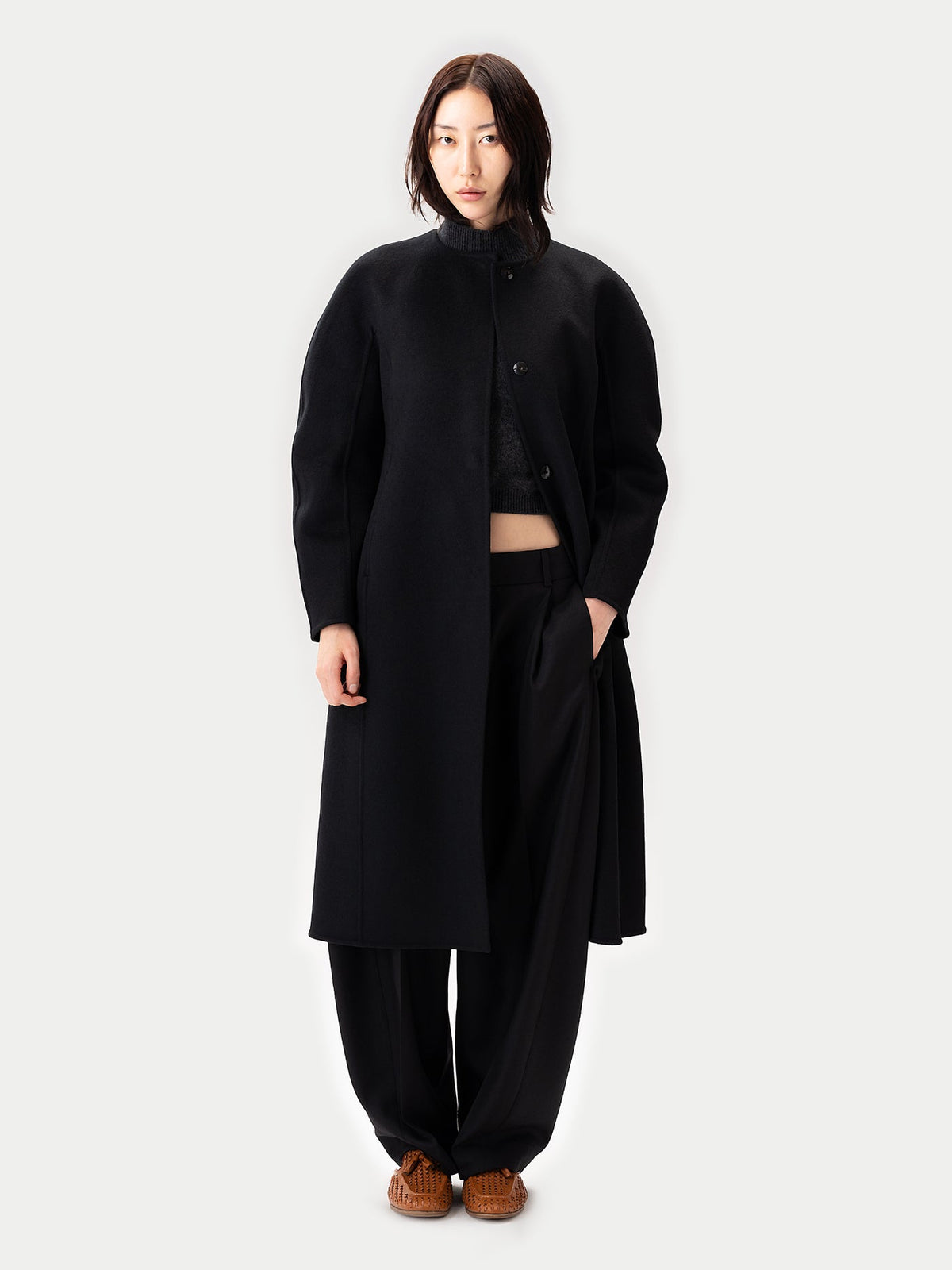 Oval-sleeve Cashmere Coat — Black