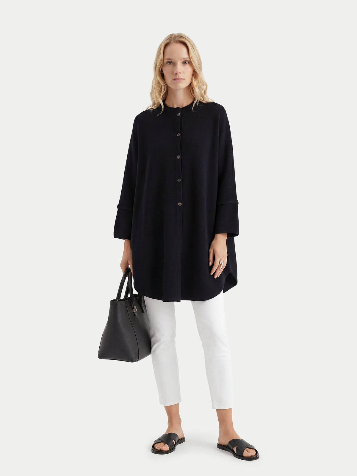 Cashmere Button-front Poncho — Black