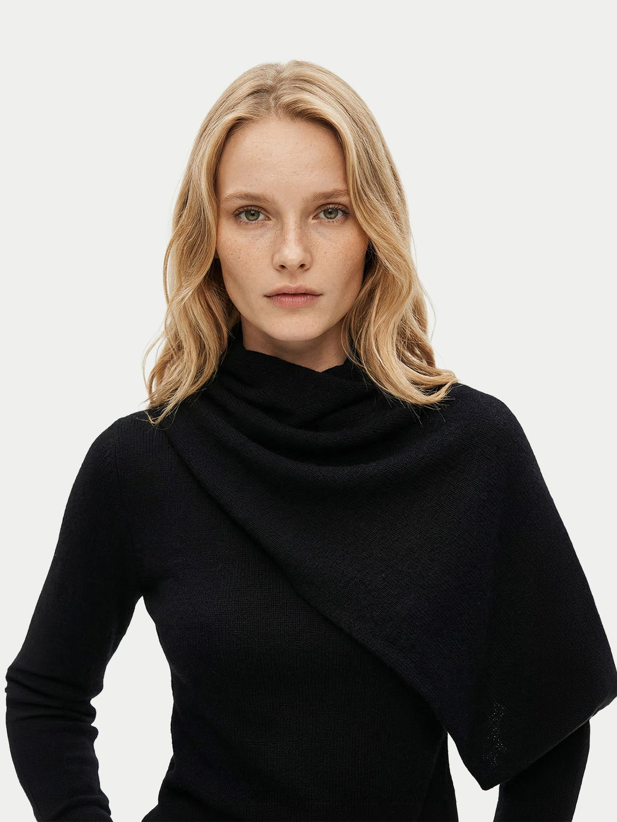 Cashmere Sweater With Draped Scarf — Black