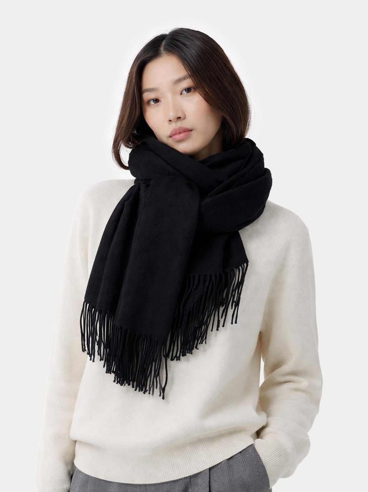 Wide Fringe Scarf — Black