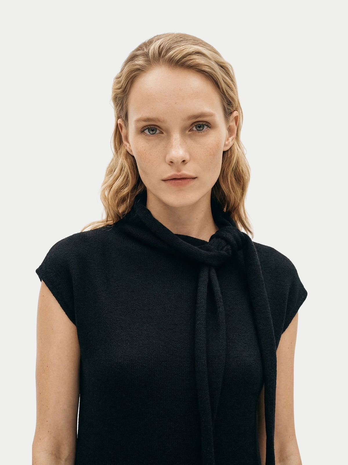 Cashmere Tie-neck Dress — Black