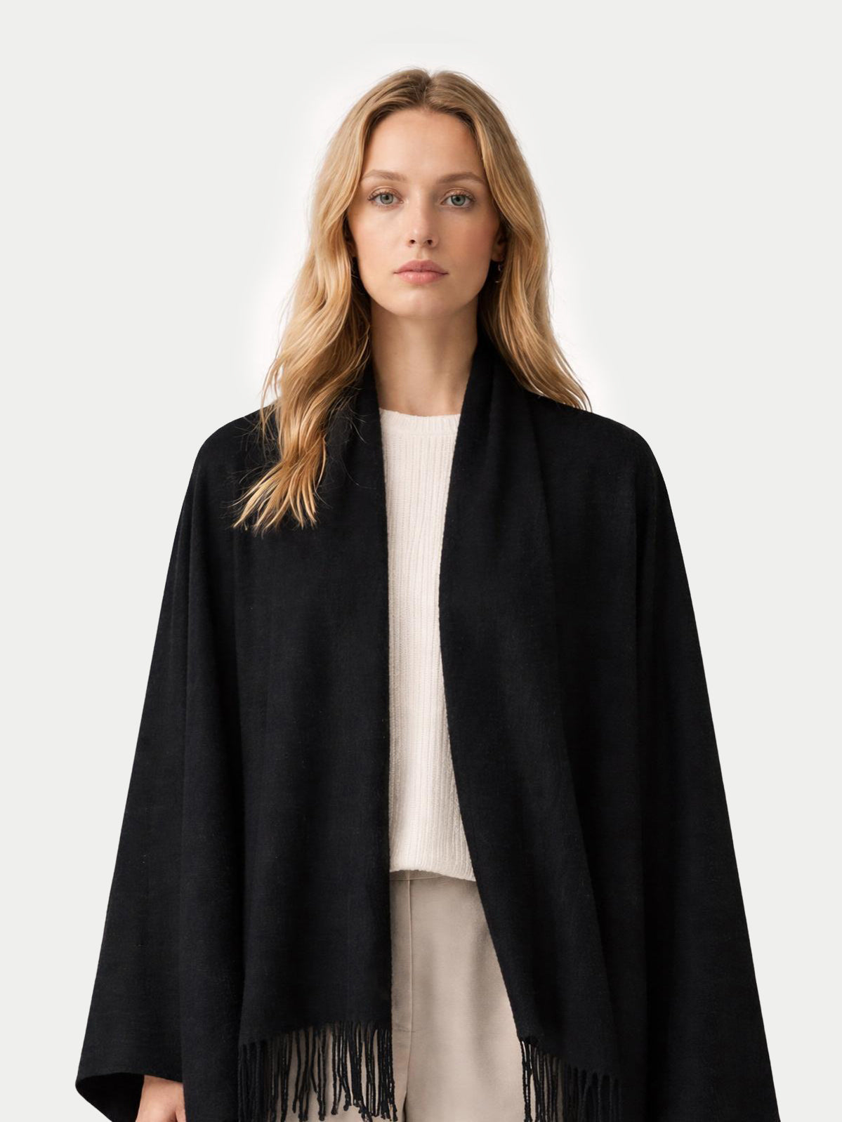 Cashmere Large Blanket With Fringe — Black