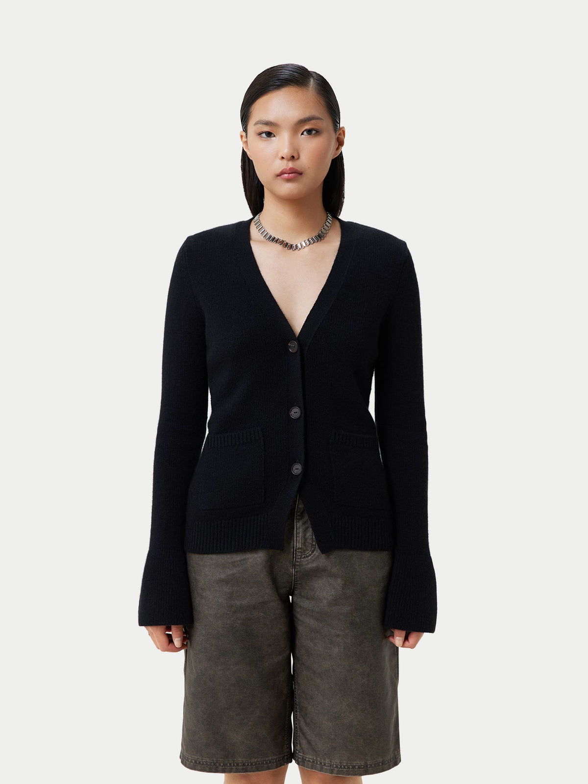 Buttoned Cashmere V-neck Cardigan — Black