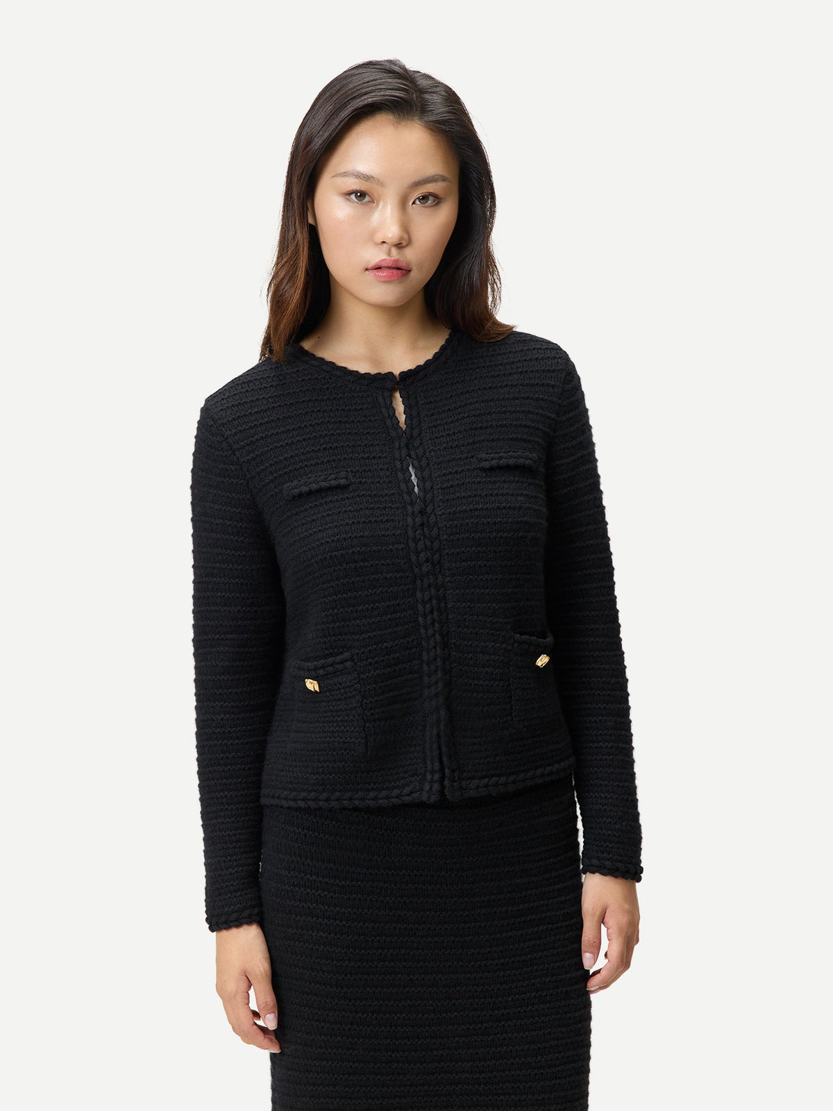 Textured Knit Cashmere Jacket-style Cardigan — Black