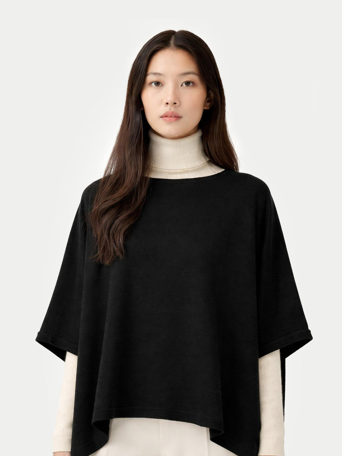 Boat-neck Cashmere Poncho — Black