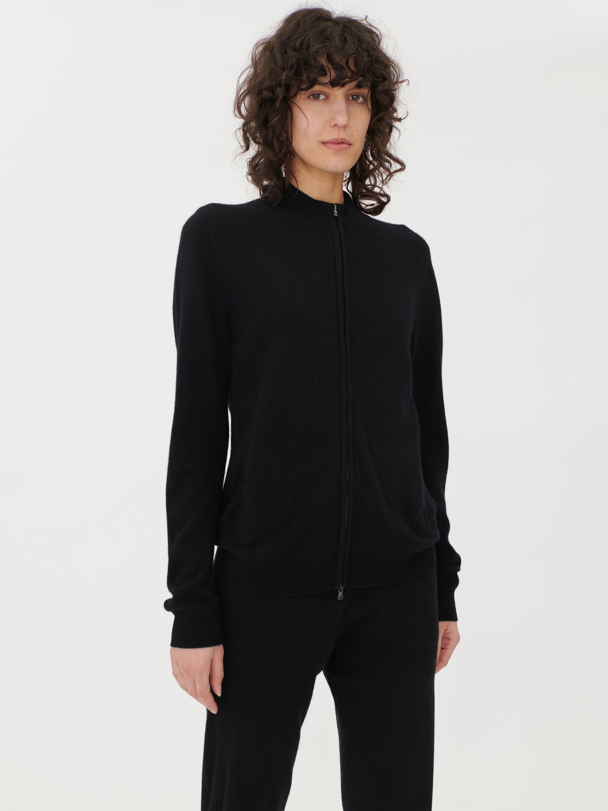 Essential Natural Color Cashmere Full-zip Cardigan — Black