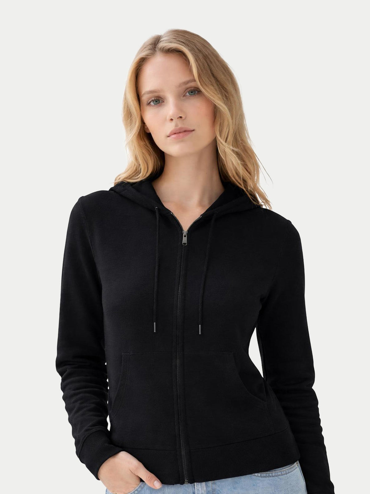 Woman Zipper Hoodie With Smiley Pocket — Black