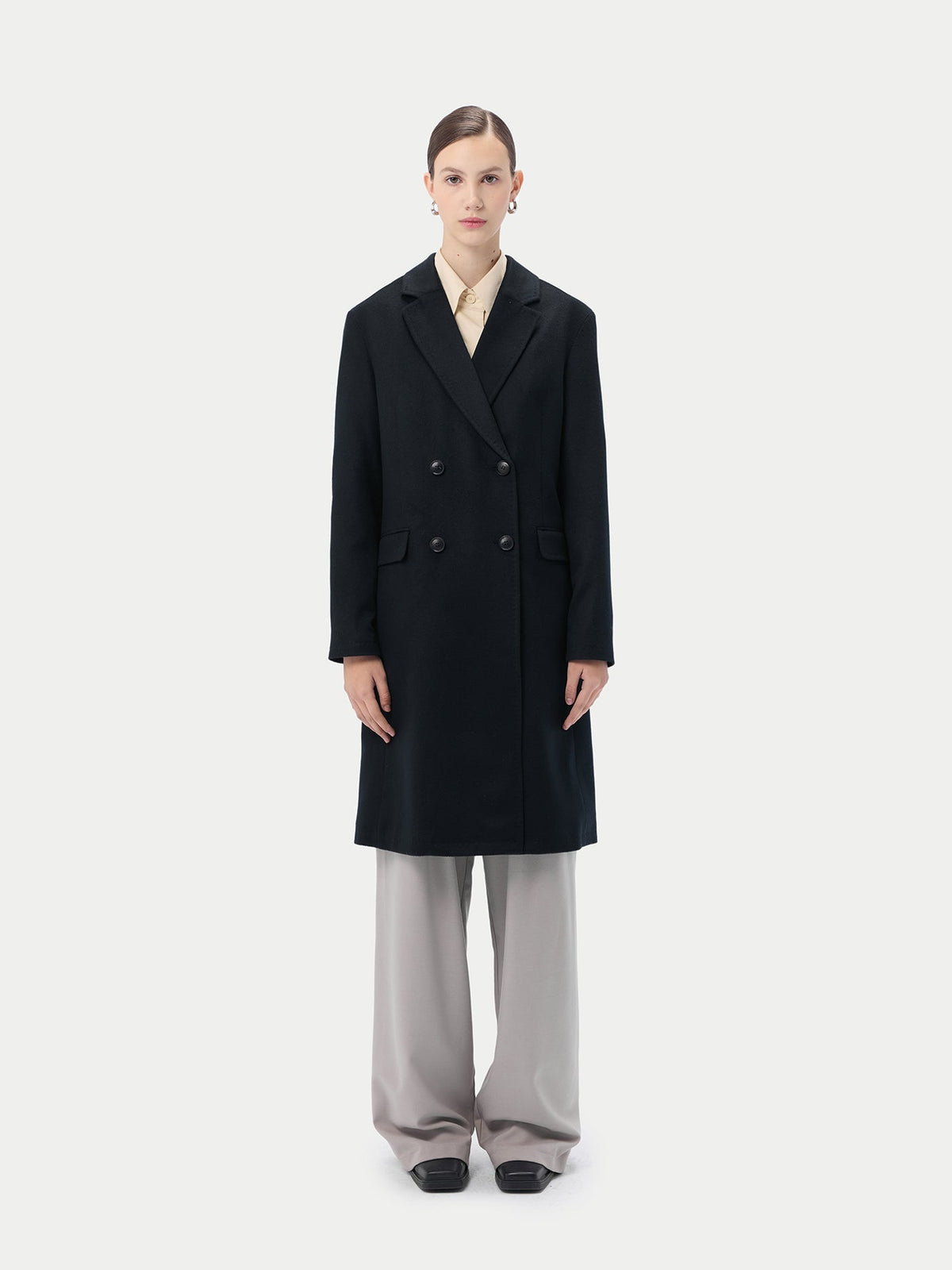 Notch Lapel Midi-length Cashmere Coat — Black