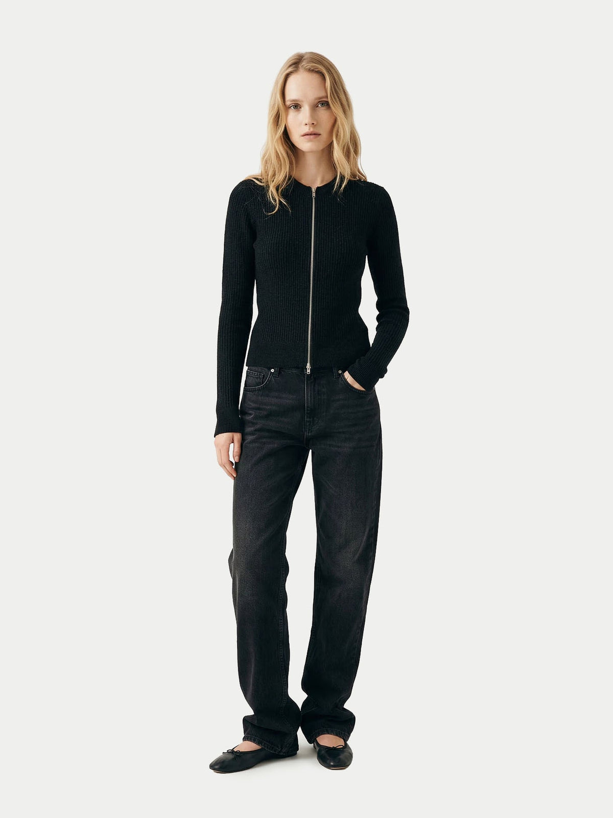 Cashmere Two-way Zip Cardigan — Black