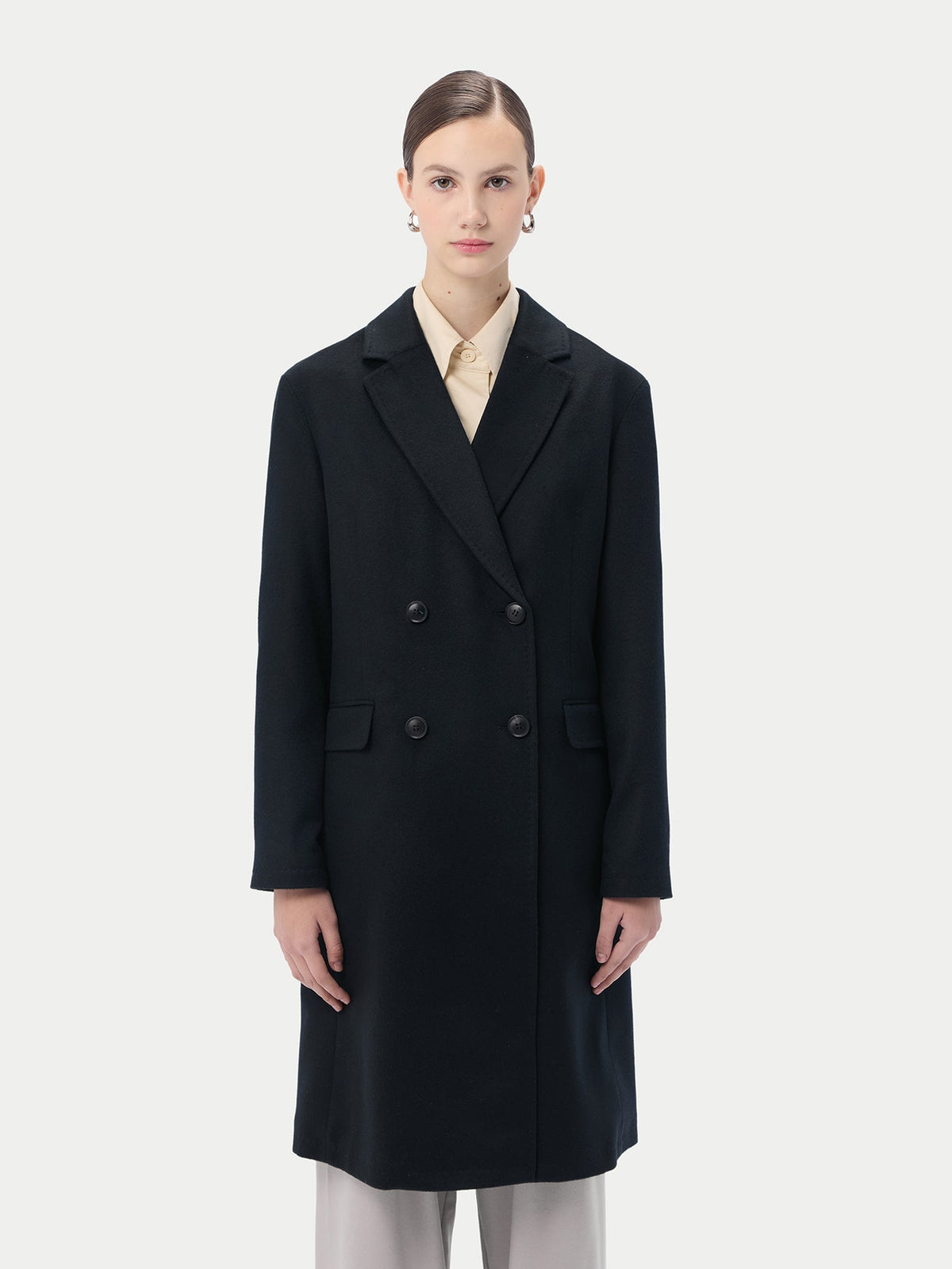 Notch Lapel Midi-length Cashmere Coat — Black