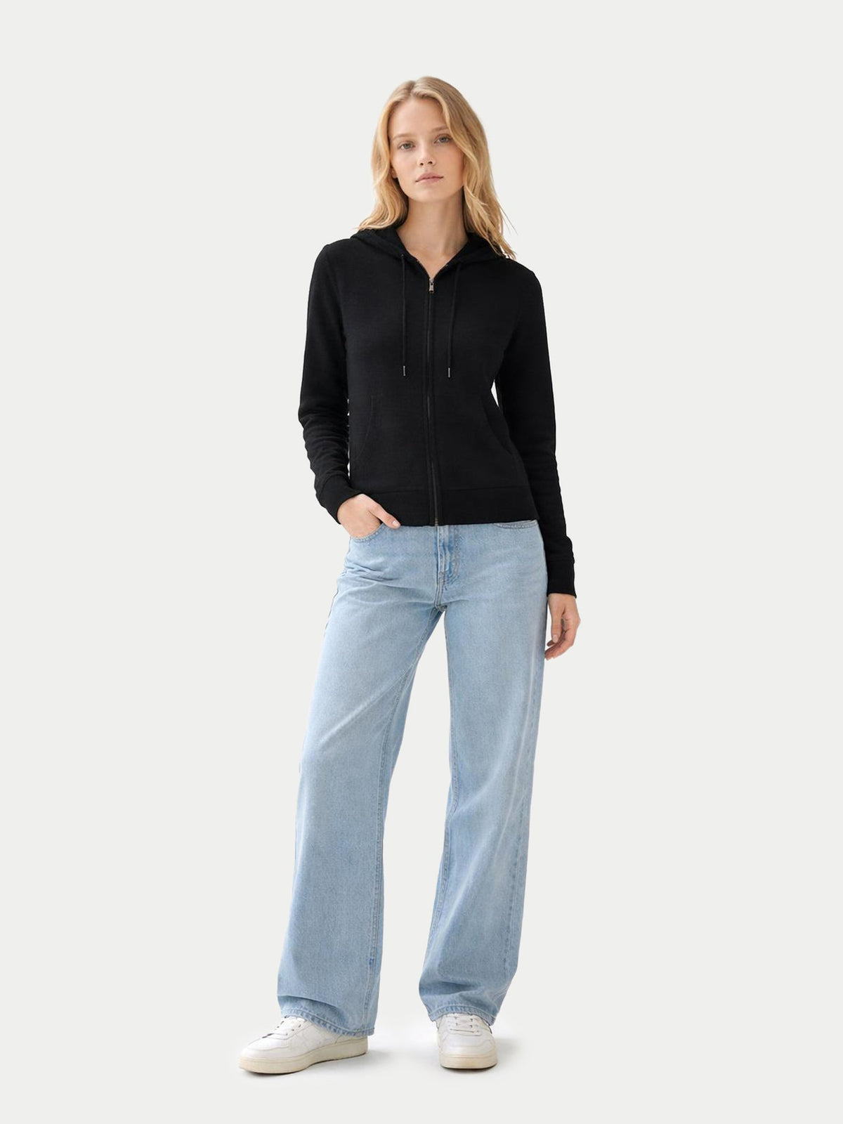 Woman Zipper Hoodie With Smiley Pocket — Black