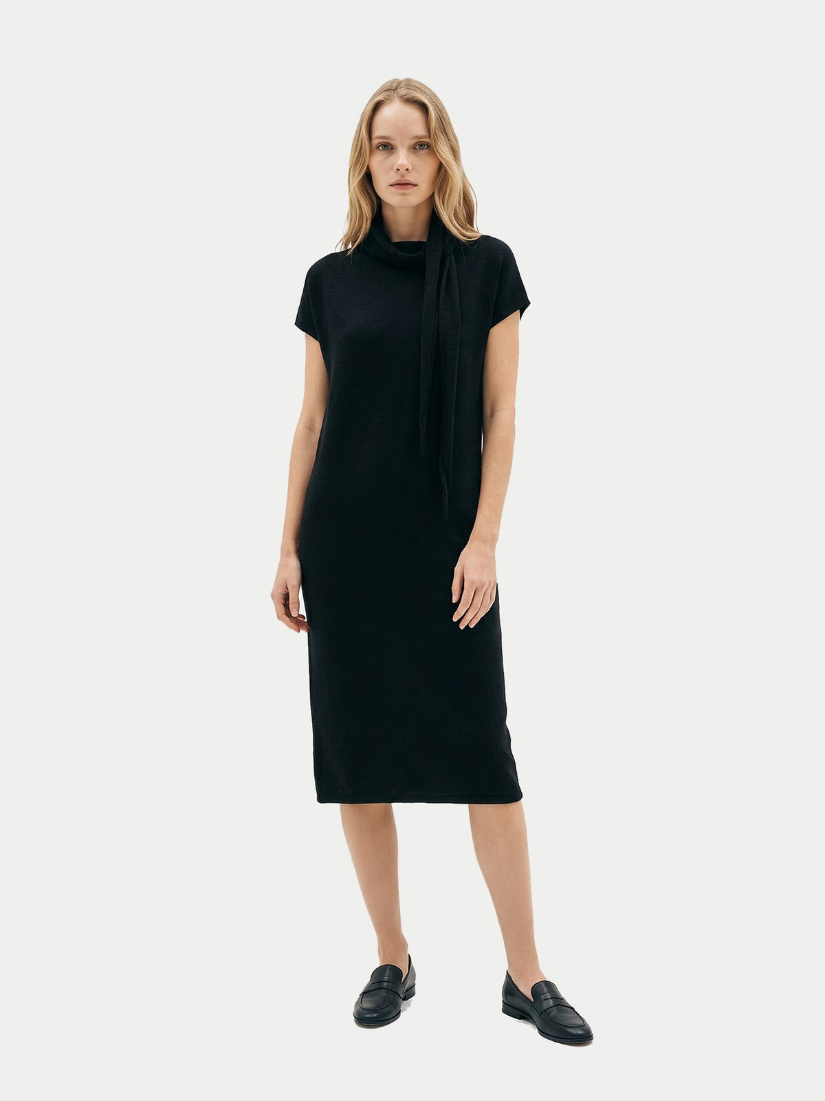Cashmere Tie-neck Dress — Black