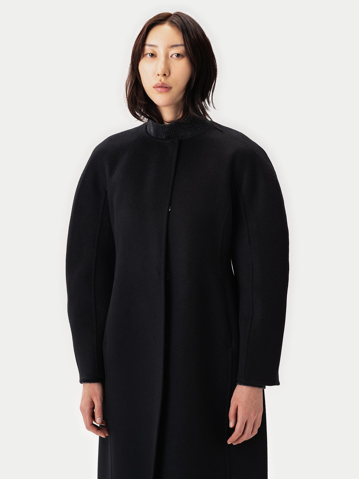 Oval-sleeve Cashmere Coat — Black