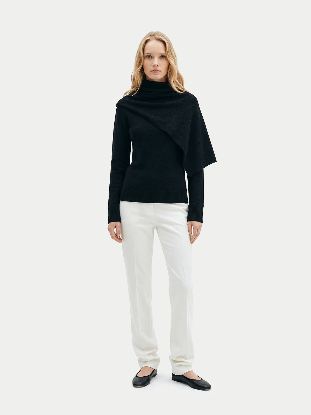 Cashmere Sweater With Draped Scarf — Black