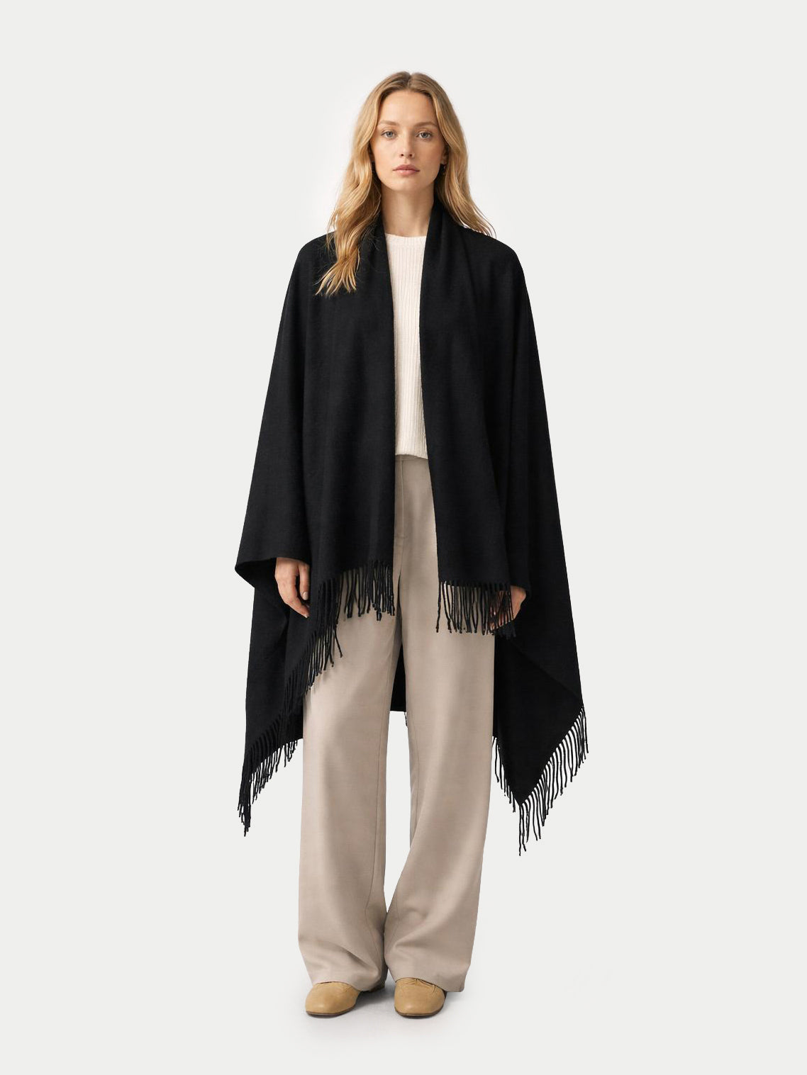 Cashmere Large Blanket With Fringe — Black