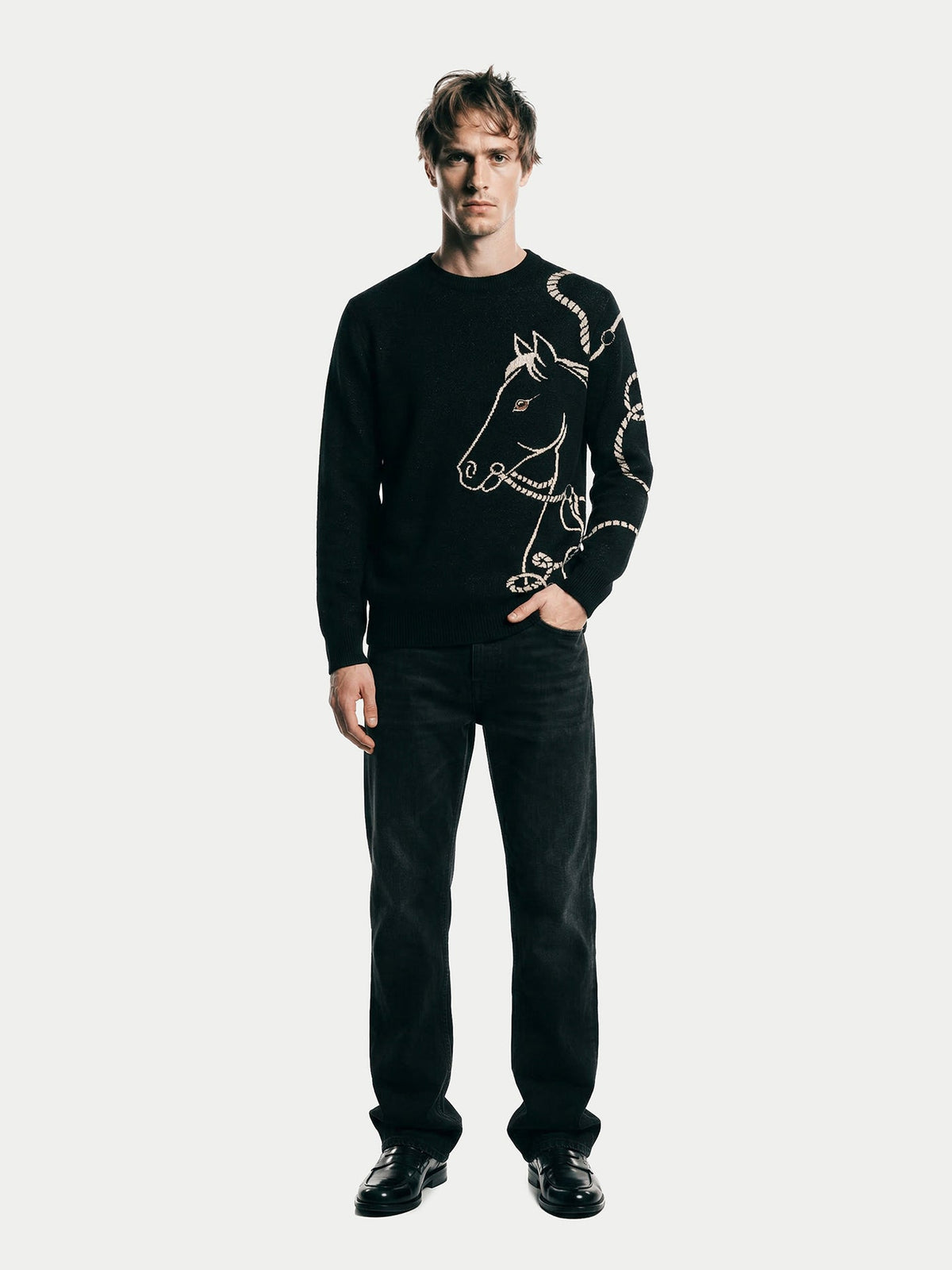 Cashmere Horse Jacquard Sweater — Black