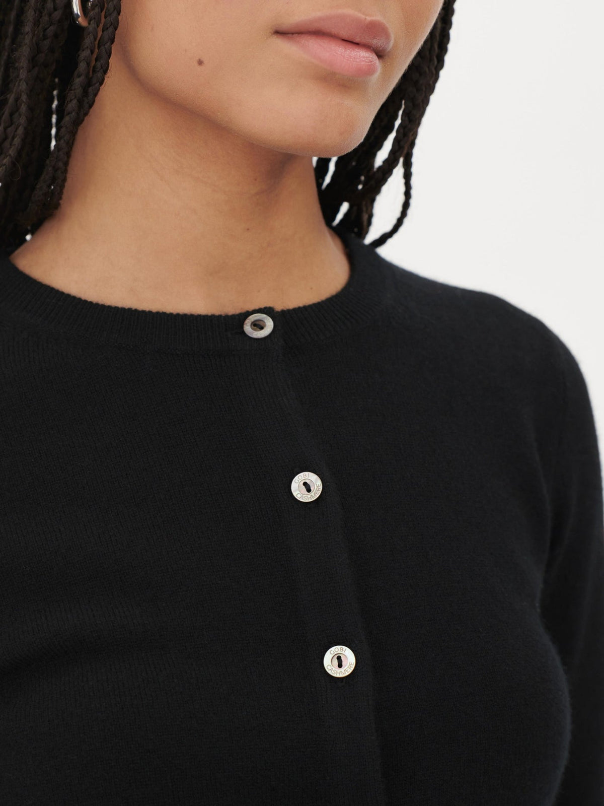 Cashmere Crew Neck Button Cardigan — Black