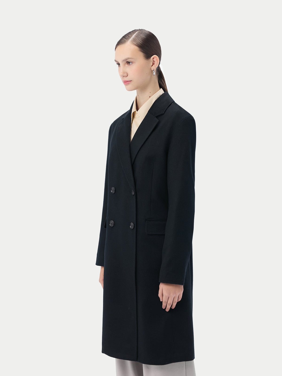 Notch Lapel Midi-length Cashmere Coat — Black