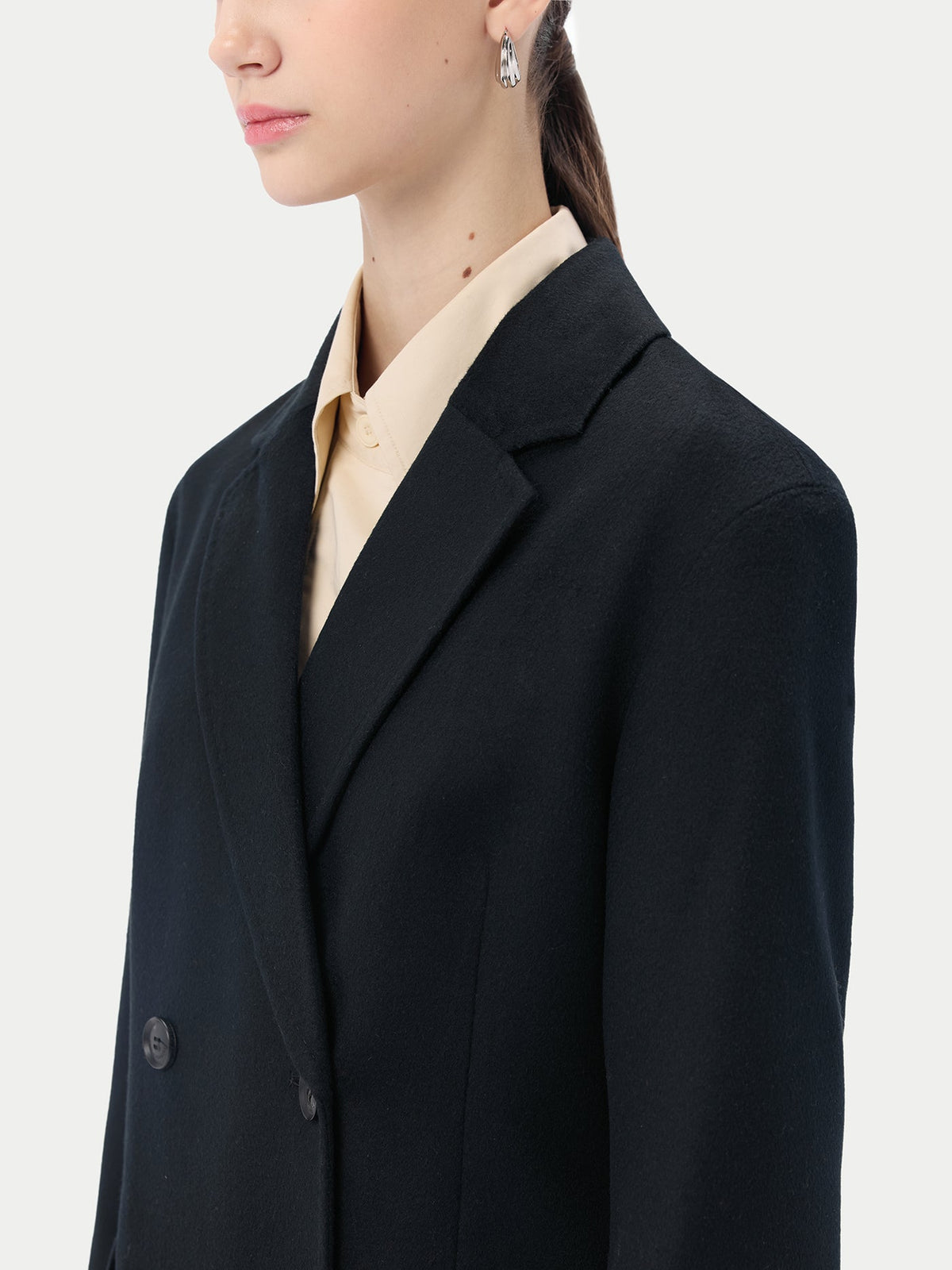 Notch Lapel Midi-length Cashmere Coat — Black