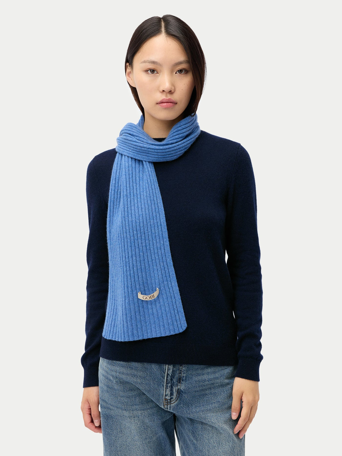 Cashmere Rib Knit Scarf — Blue