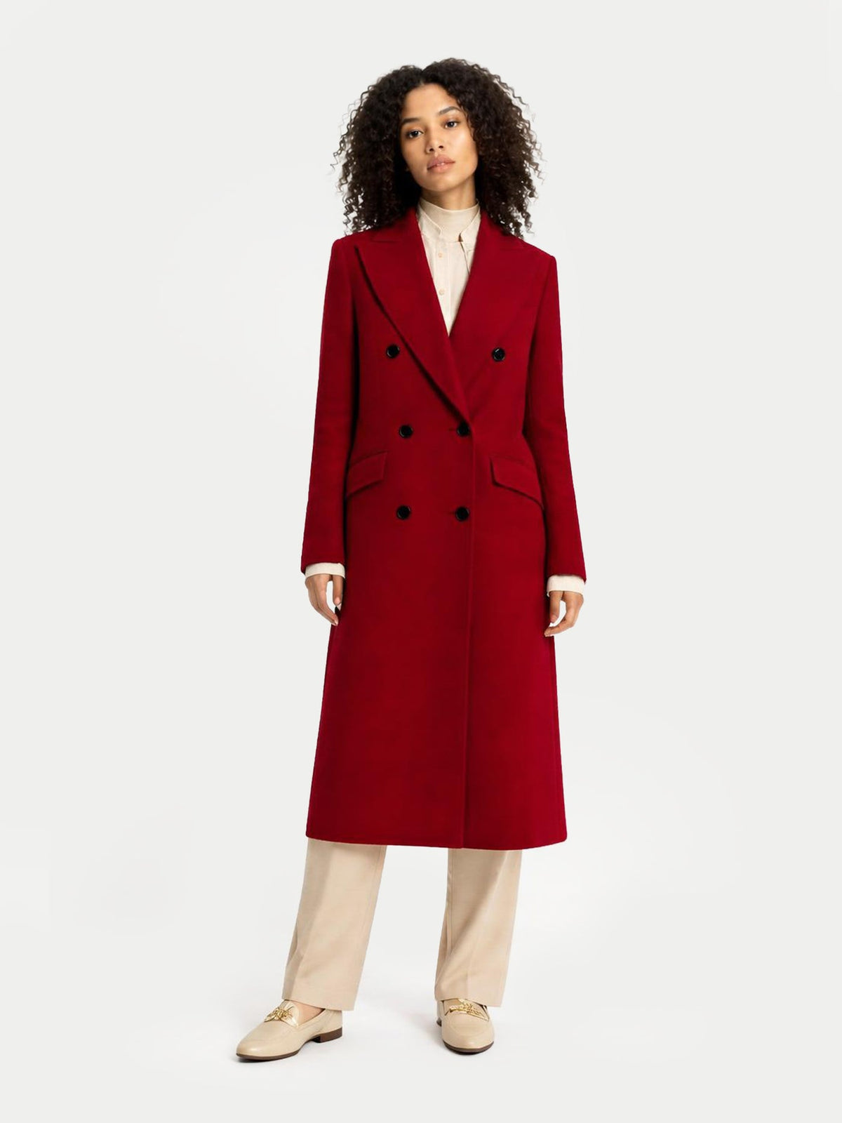 Cashmere Peak Lapel Long Coat — Bordeaux