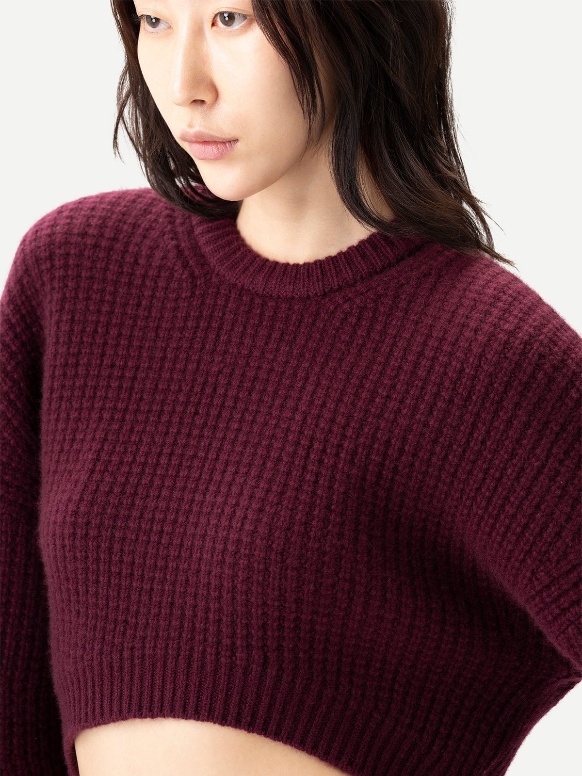 Oval-sleeve Cropped Cashmere Sweater — Burgundy Red