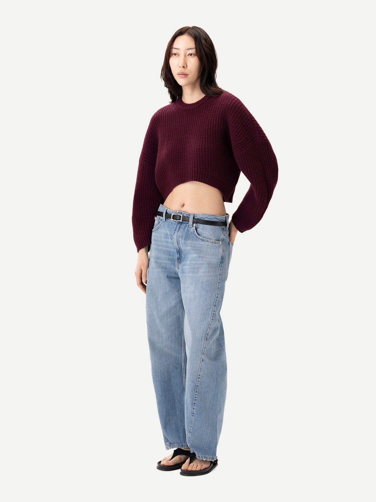 Oval-sleeve Cropped Cashmere Sweater — Burgundy Red