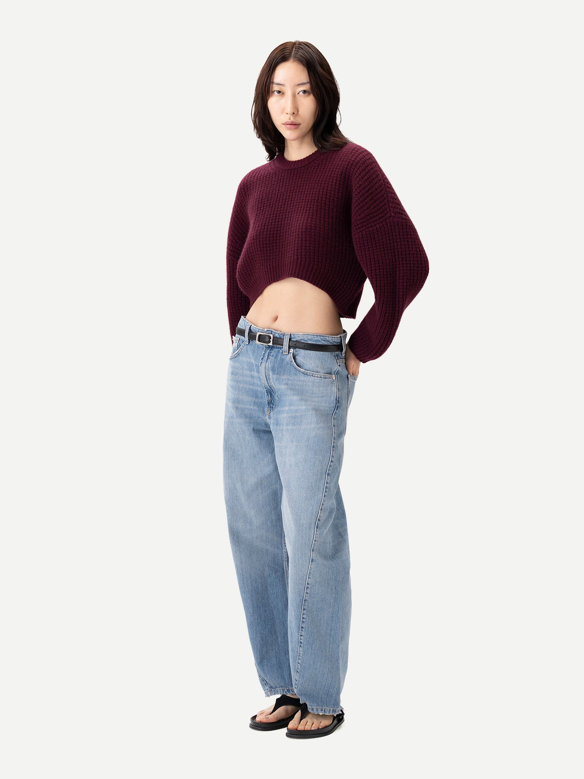 Oval-sleeve Cropped Cashmere Sweater — Burgundy Red