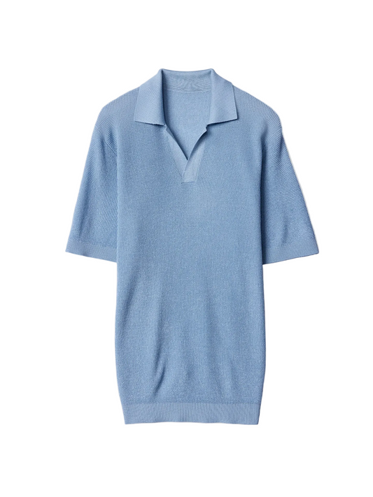 Open Collar Cashmere Silk Polo Shirt — Celestial Blue