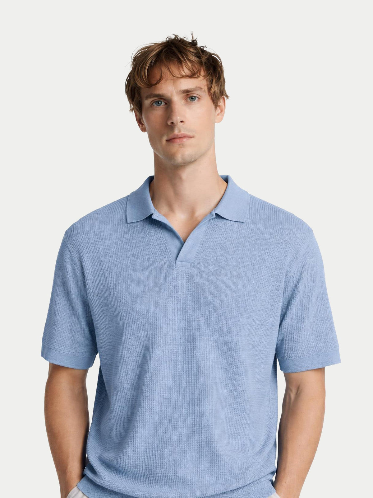 Open Collar Cashmere Silk Polo Shirt — Celestial Blue