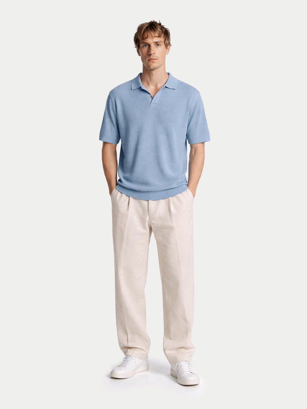 Open Collar Cashmere Silk Polo Shirt — Celestial Blue