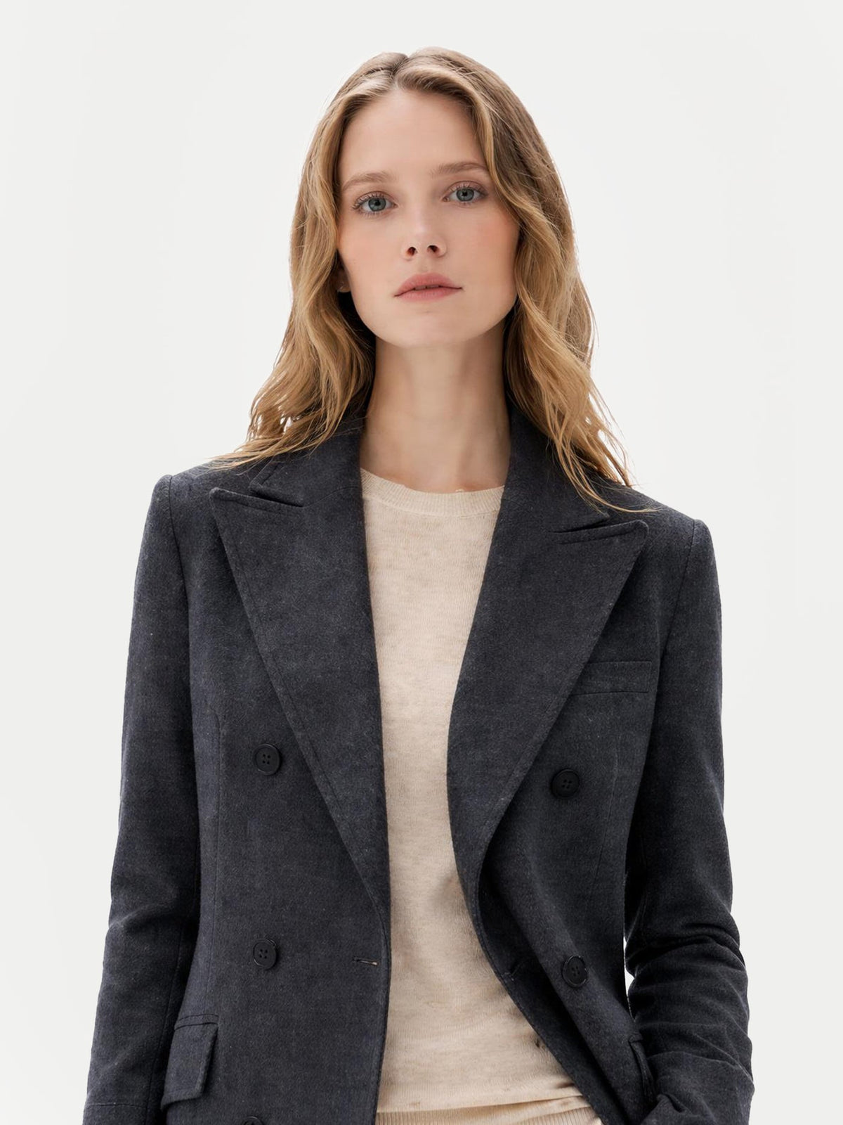 Cashmere Peak Lapel Long Coat — Charcoal