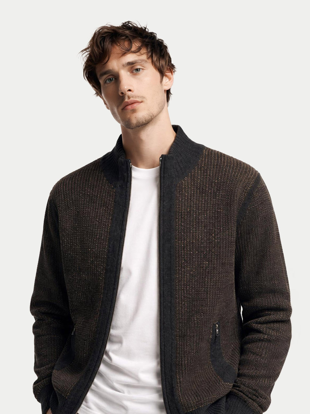 Men's Twо-tone Full-zip Cashmere Cardigan — Charcoal