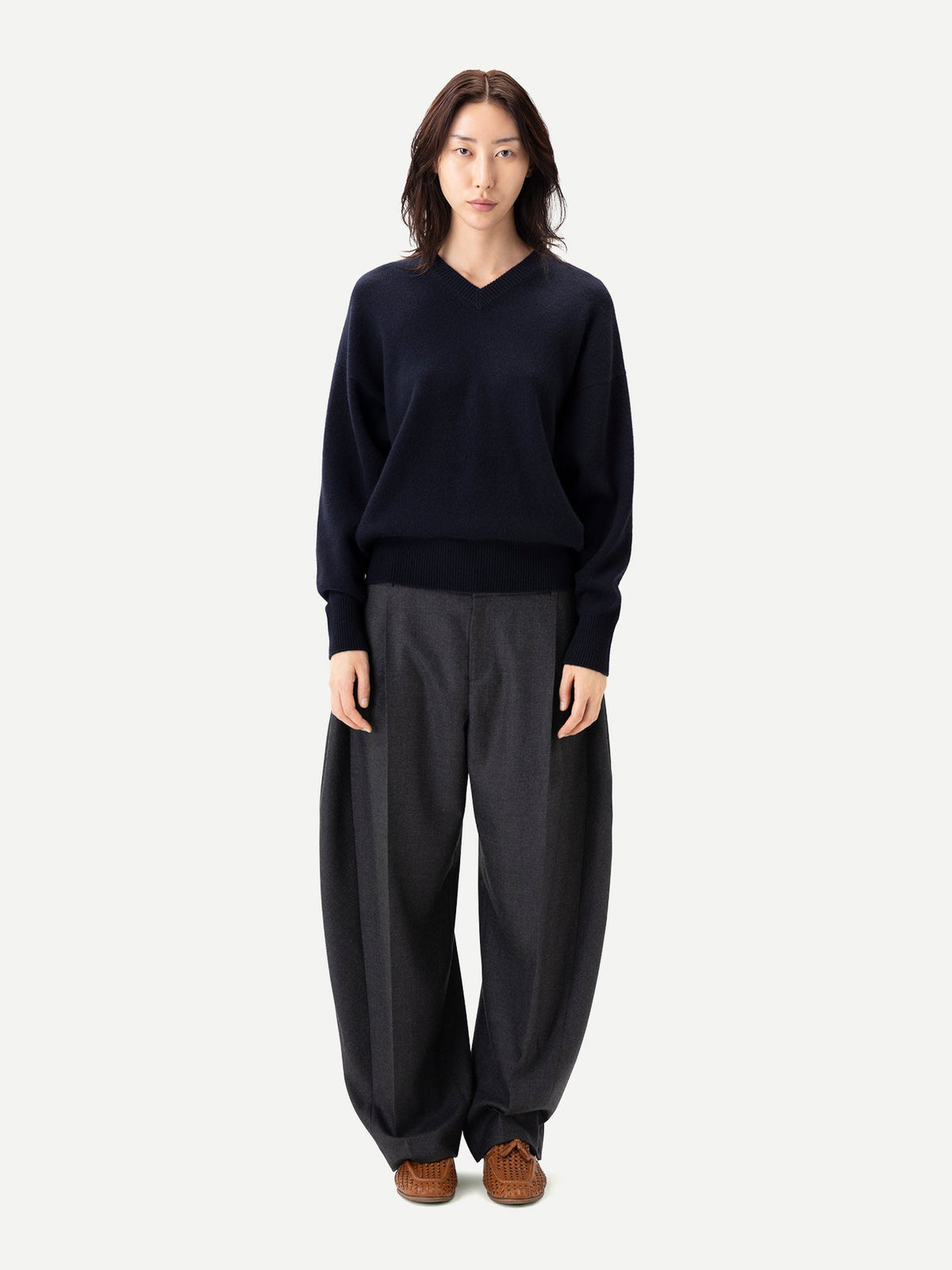 Barrel-leg Cashmere Pants — Charcoal