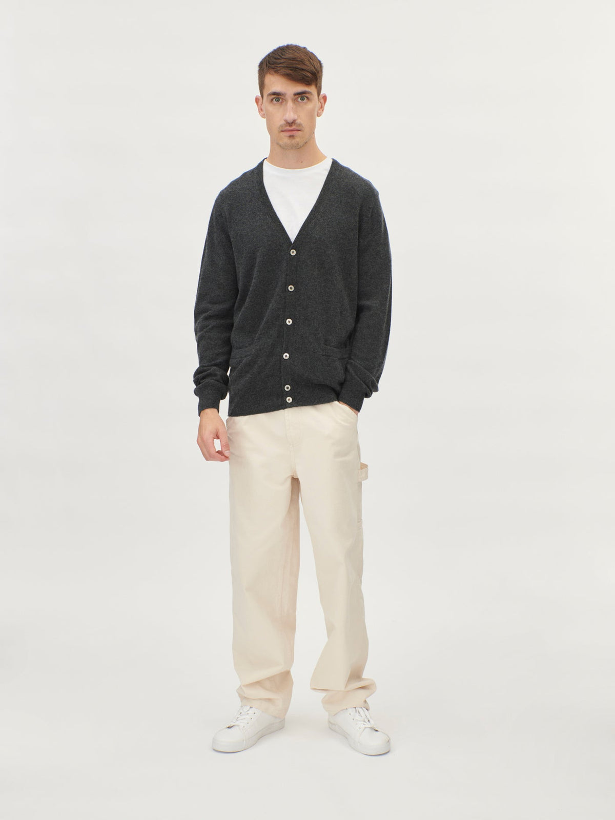 Essential Cashmere V-neck Cardigan — Charcoal