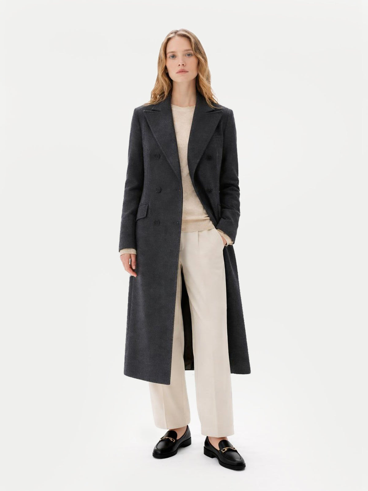 Cashmere Peak Lapel Long Coat — Charcoal