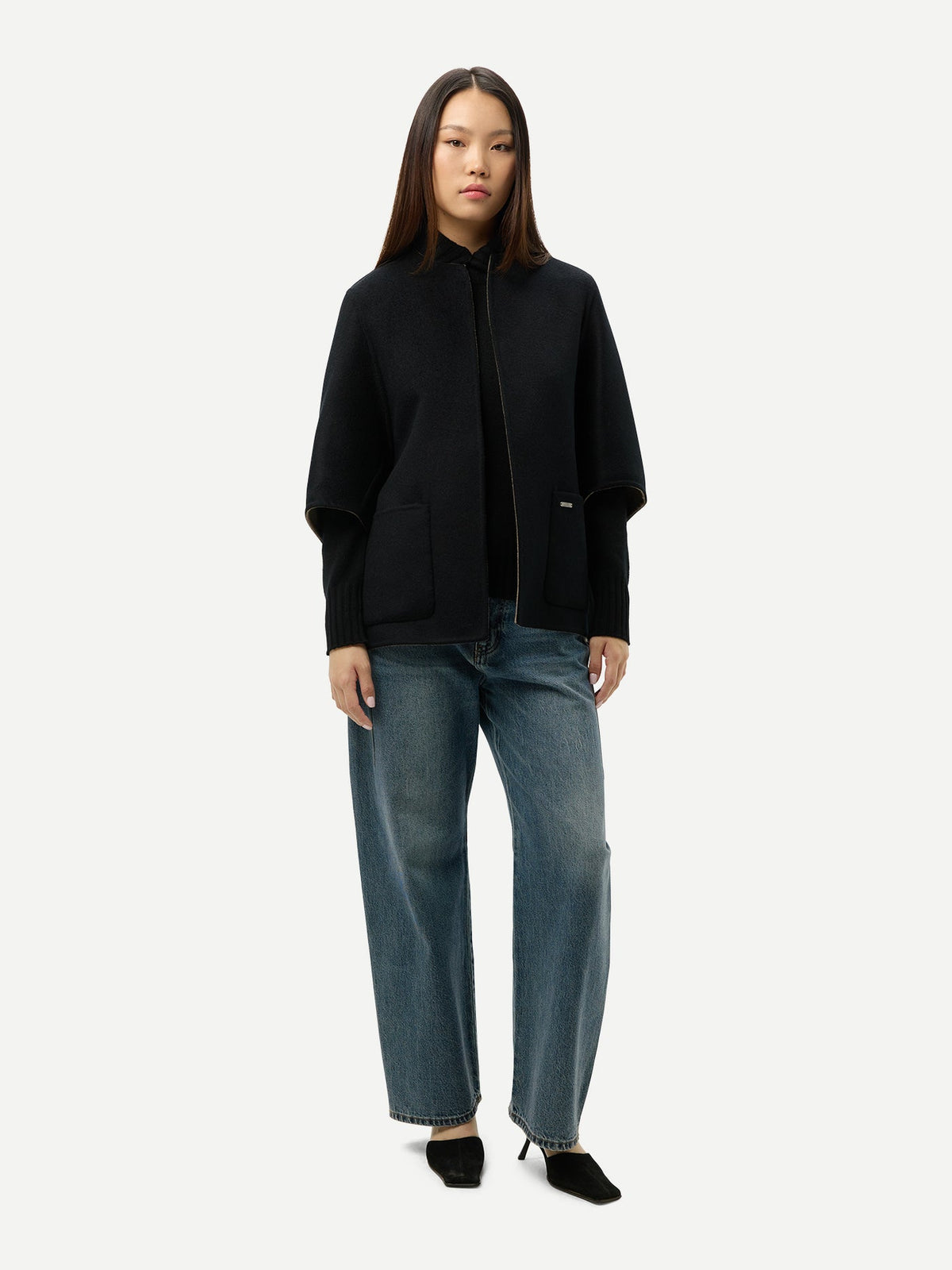 Patch Pocket Cashmere Poncho Jacket — Charcoal Black
