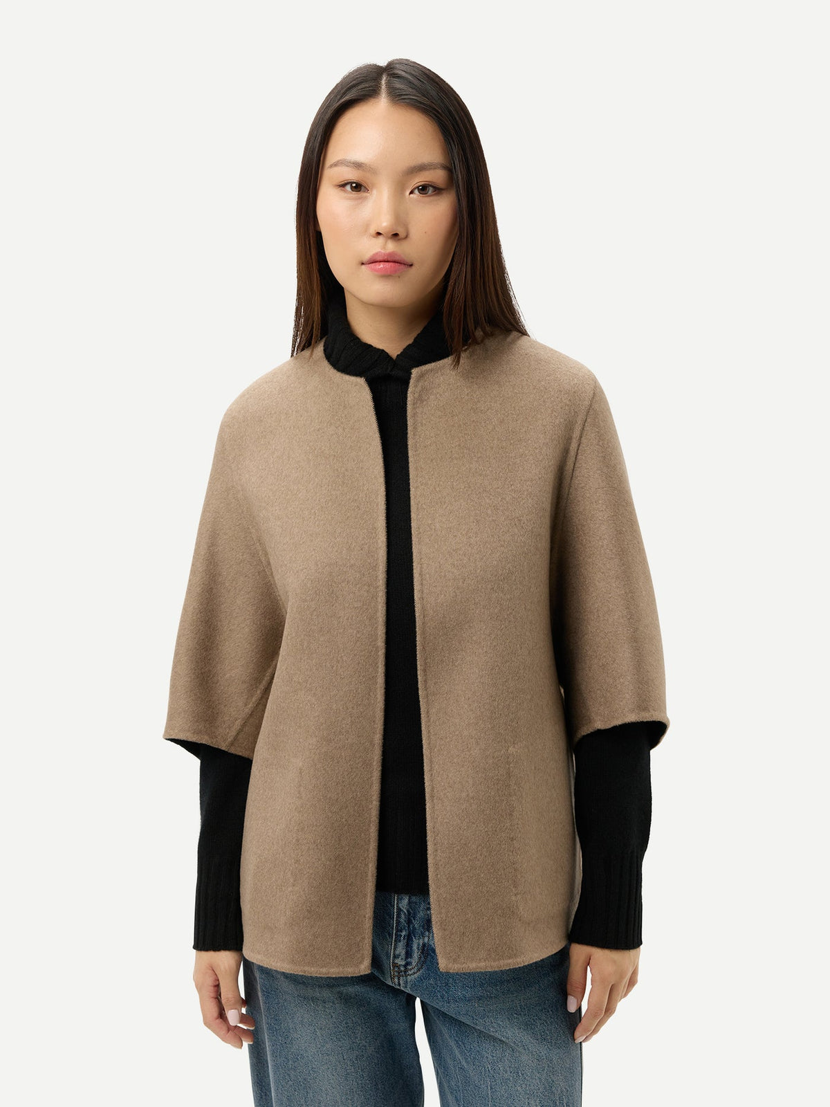 Patch Pocket Cashmere Poncho Jacket — Charcoal Black