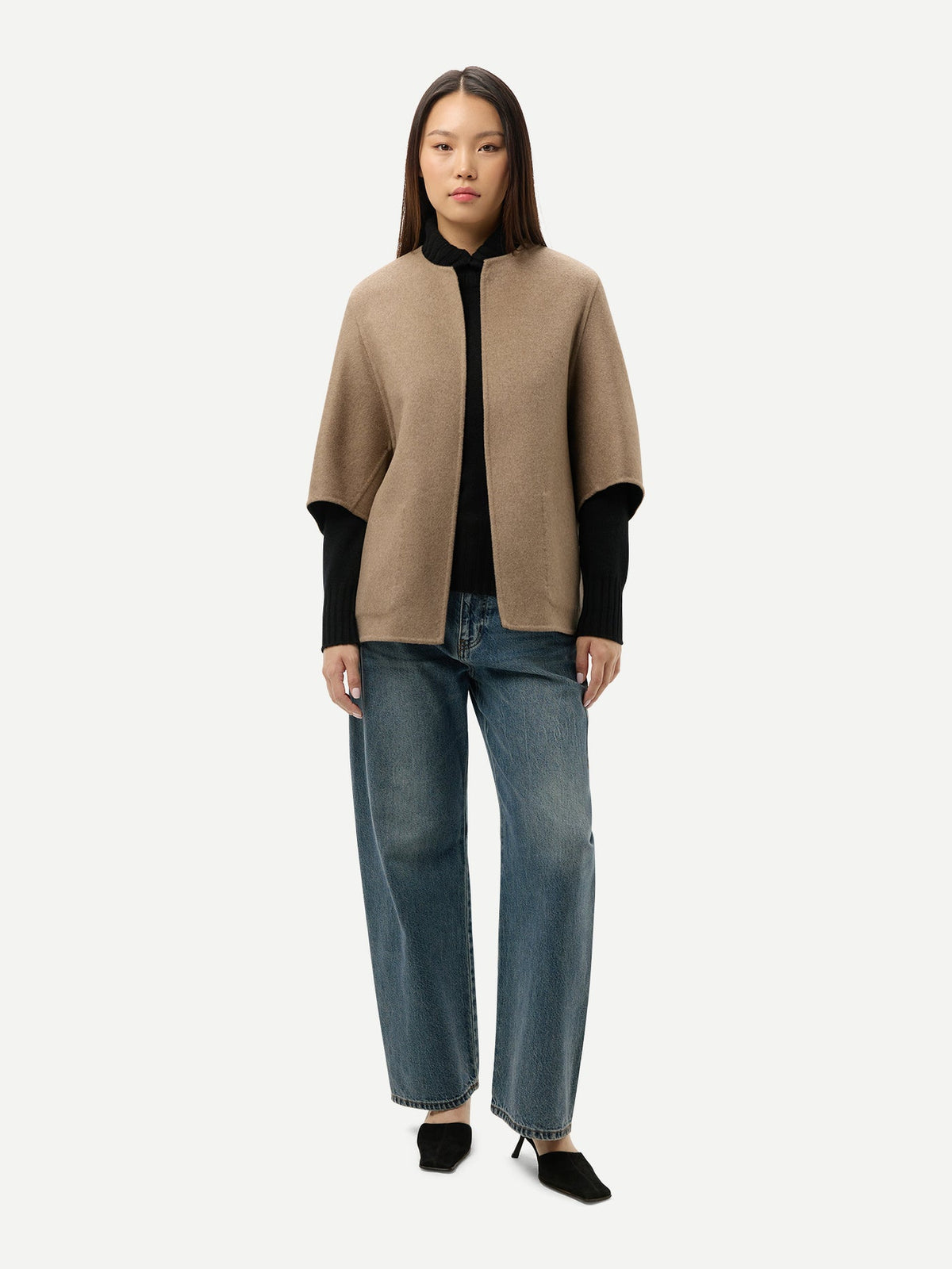 Patch Pocket Cashmere Poncho Jacket — Charcoal Black