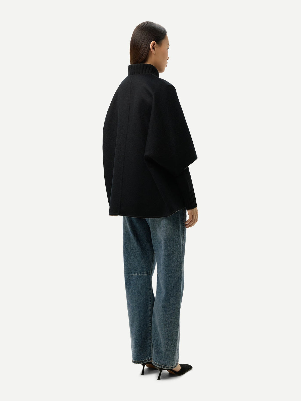 Patch Pocket Cashmere Poncho Jacket — Charcoal Black