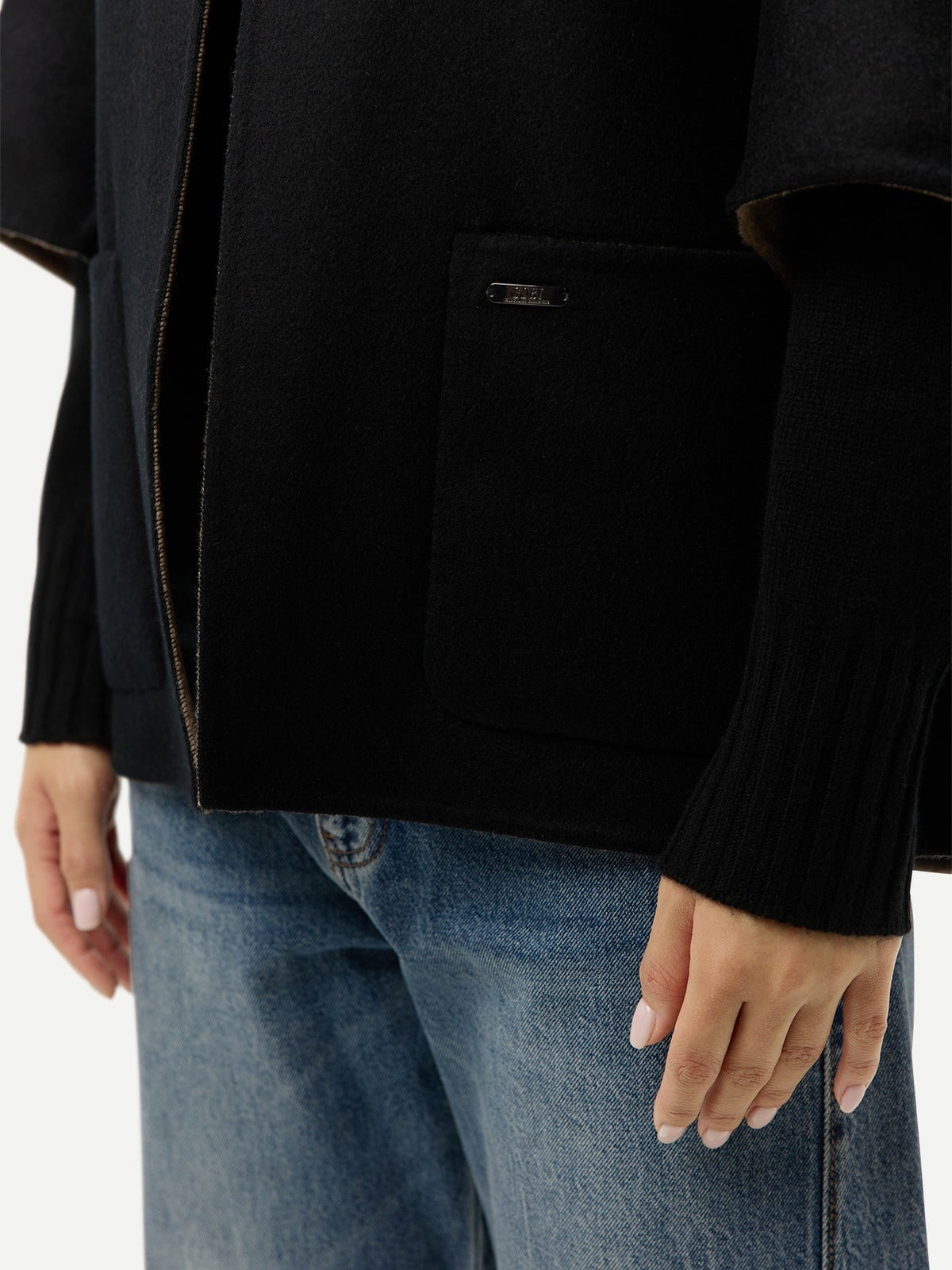 Patch Pocket Cashmere Poncho Jacket — Charcoal Black