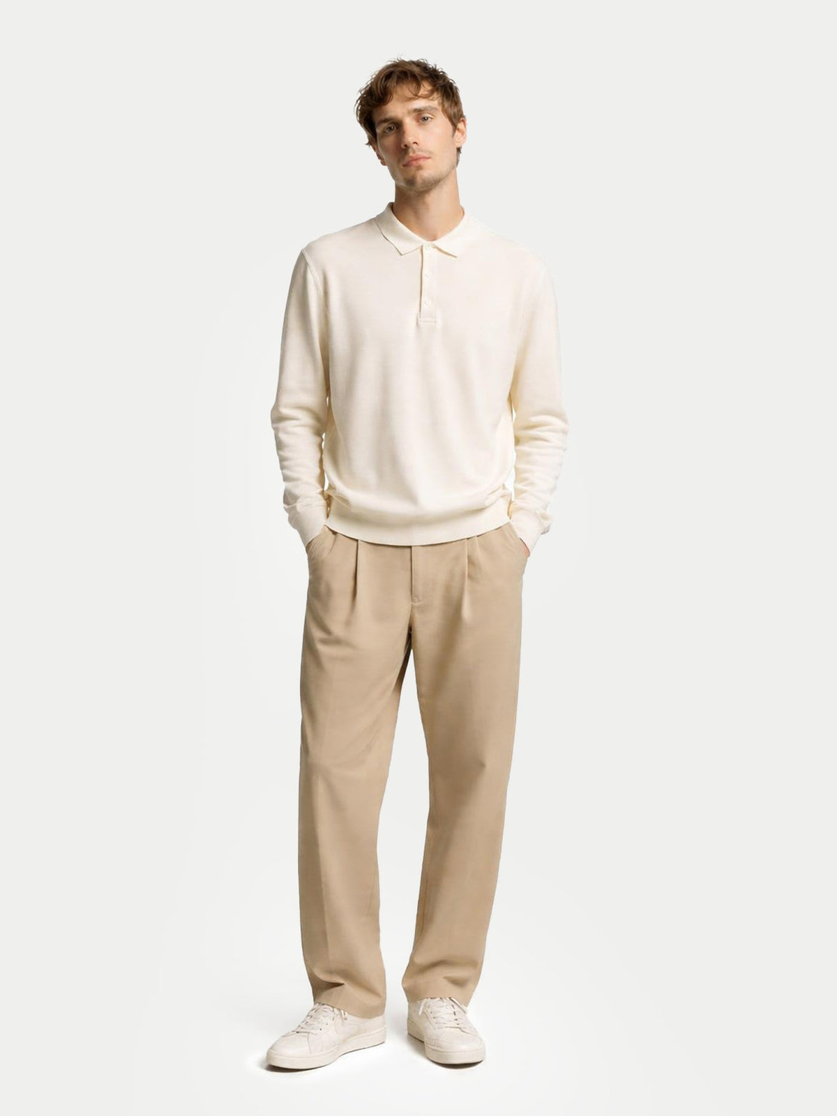 Men's Cashmere Silk Polo — Cream White